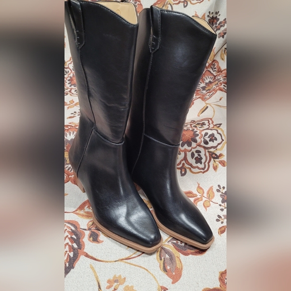 Cowboy Mid Calf Western Boots Fashion Square Toe Low Stacked Heel Pull On Handle - Picture 8 of 9